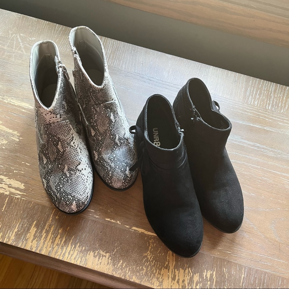 Cat & Jack Girls snake skin ankle boots and UNR8ED Girls black suede ankle boots